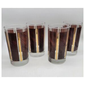 Vintage Midcentury Gold and Wood Grain Tumbler Set